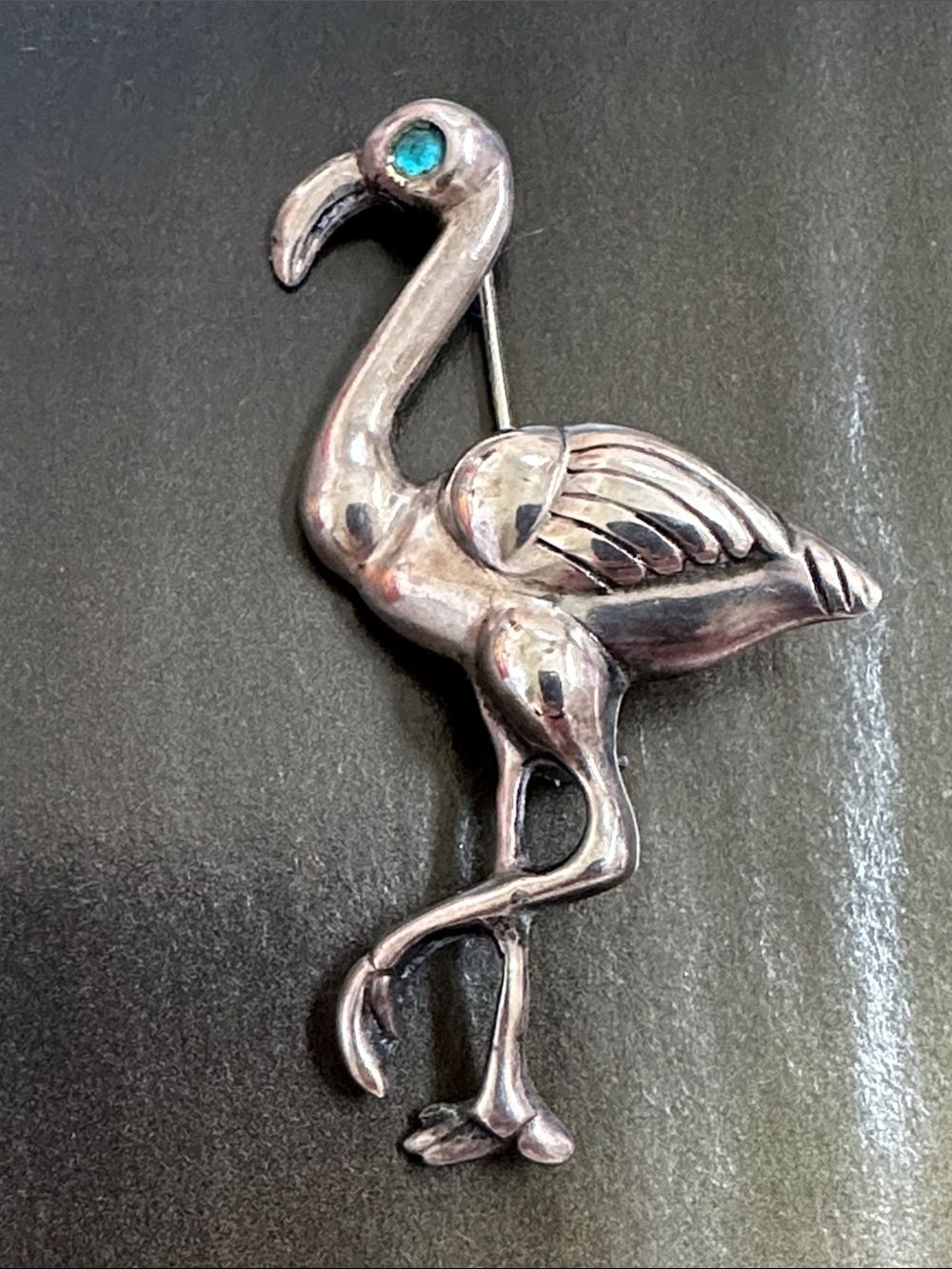 Sterling Silver Flamingo Brooch with Turquoise-Colored Eye